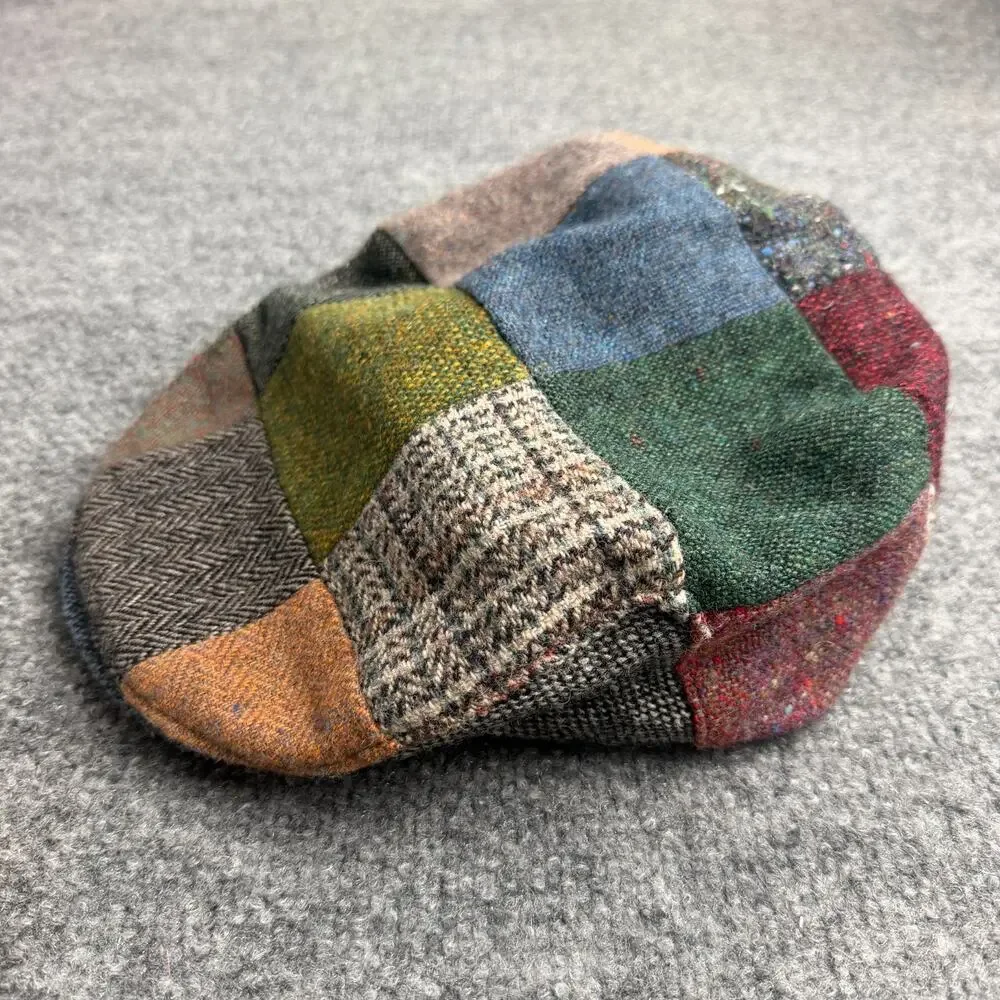 Vintage Hanna Hats Donegal Patchwork Tweed Newsboy Cap XL Made in Ireland Wool